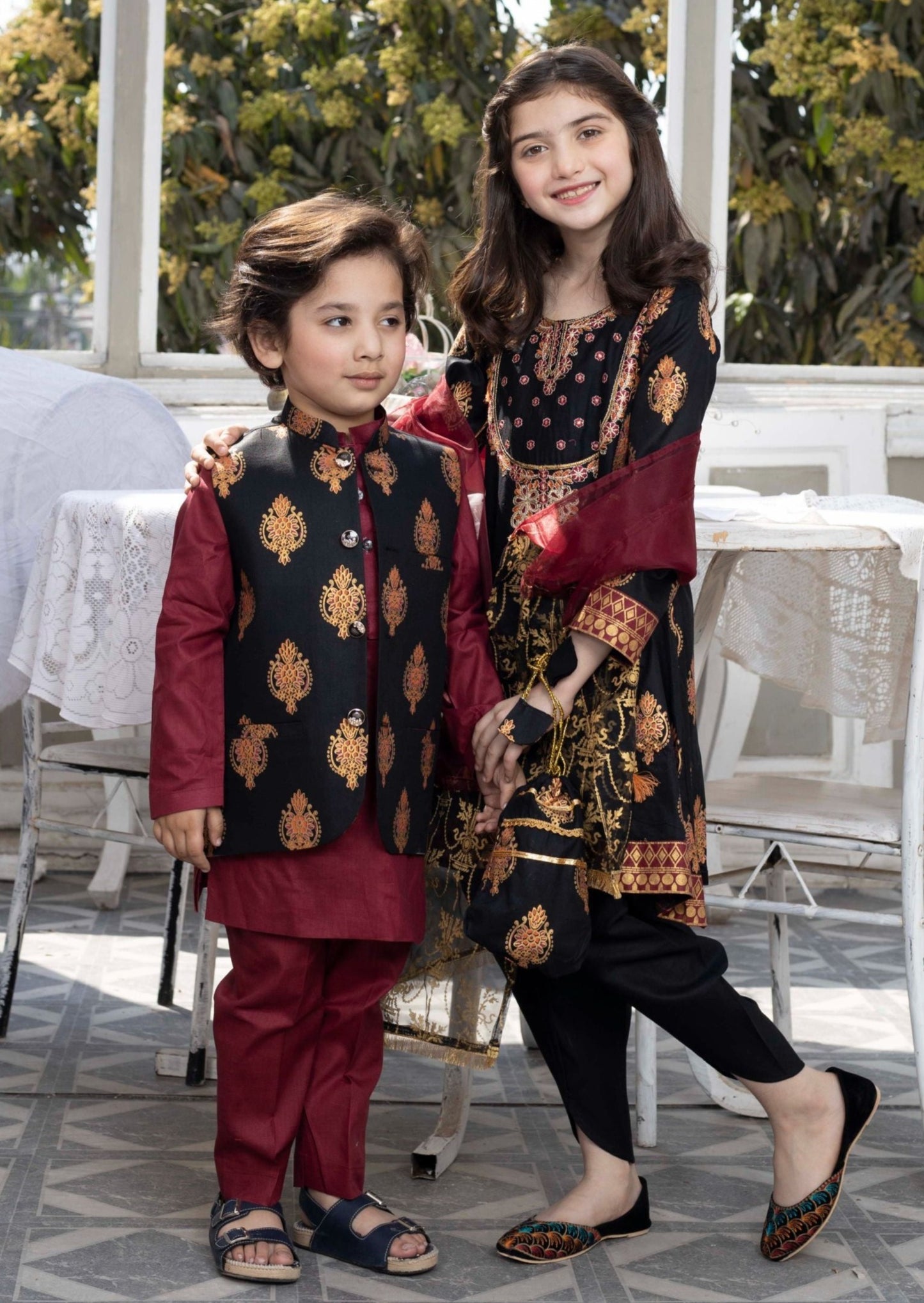 Black & Maroon: Boy's Kameez, Shalwar & Waistcoat