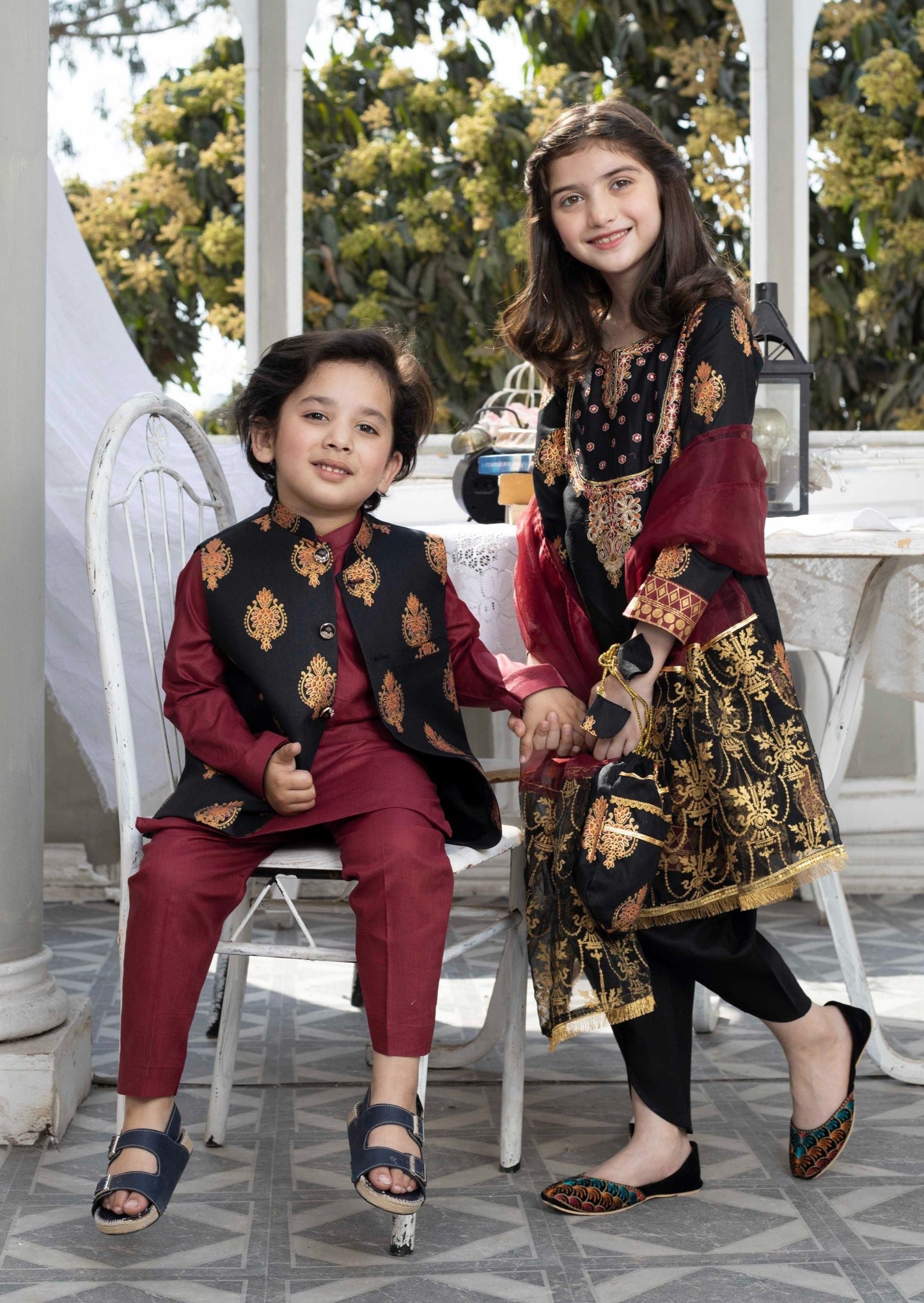 Black & Maroon: Boy's Kameez, Shalwar & Waistcoat