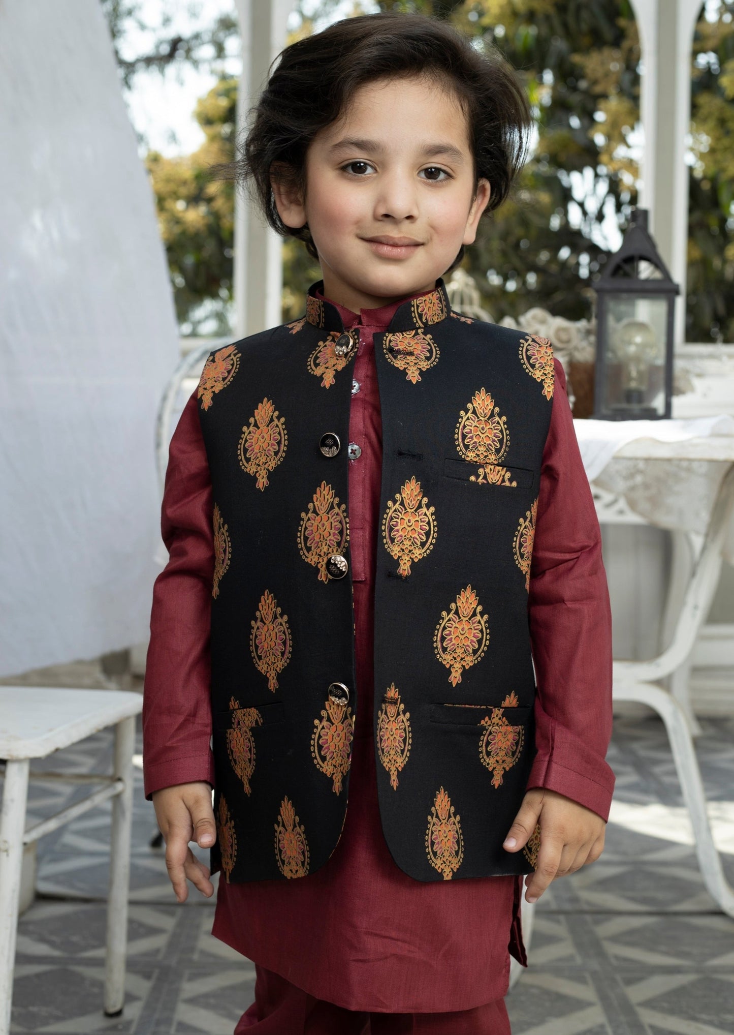 Black & Maroon: Boy's Kameez, Shalwar & Waistcoat