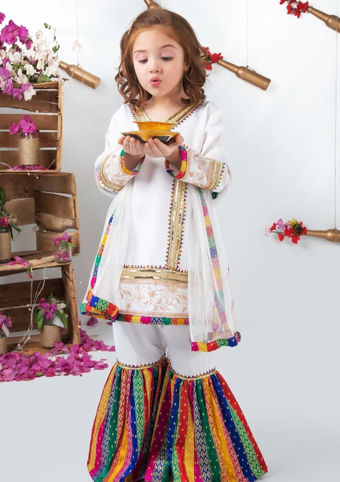 White - Girl's Gharara Dress