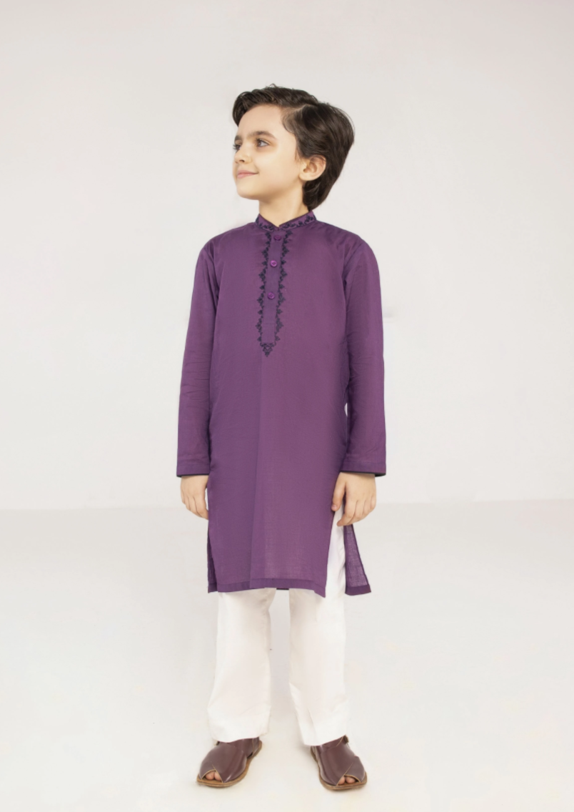 Embroidered Kurta Shalwar : Dark Purple & Offwhite