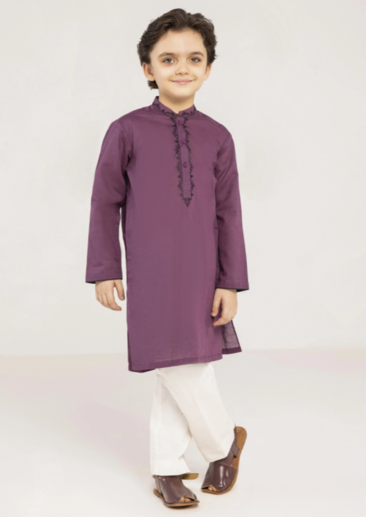 Embroidered Kurta Shalwar : Dark Purple & Offwhite