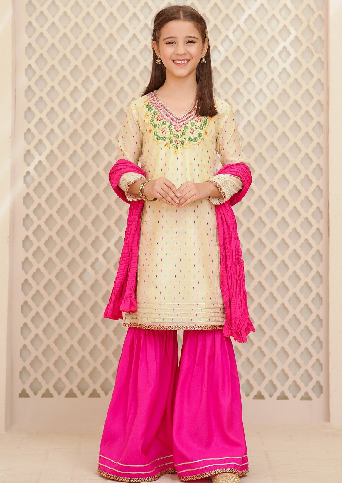 Beige & Pink - Girl's Gharara Dress