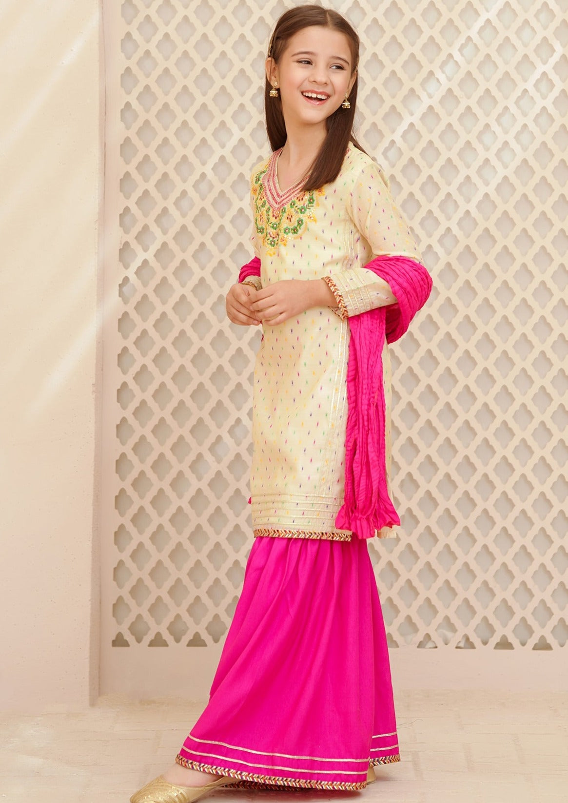 Beige & Pink - Girl's Gharara Dress