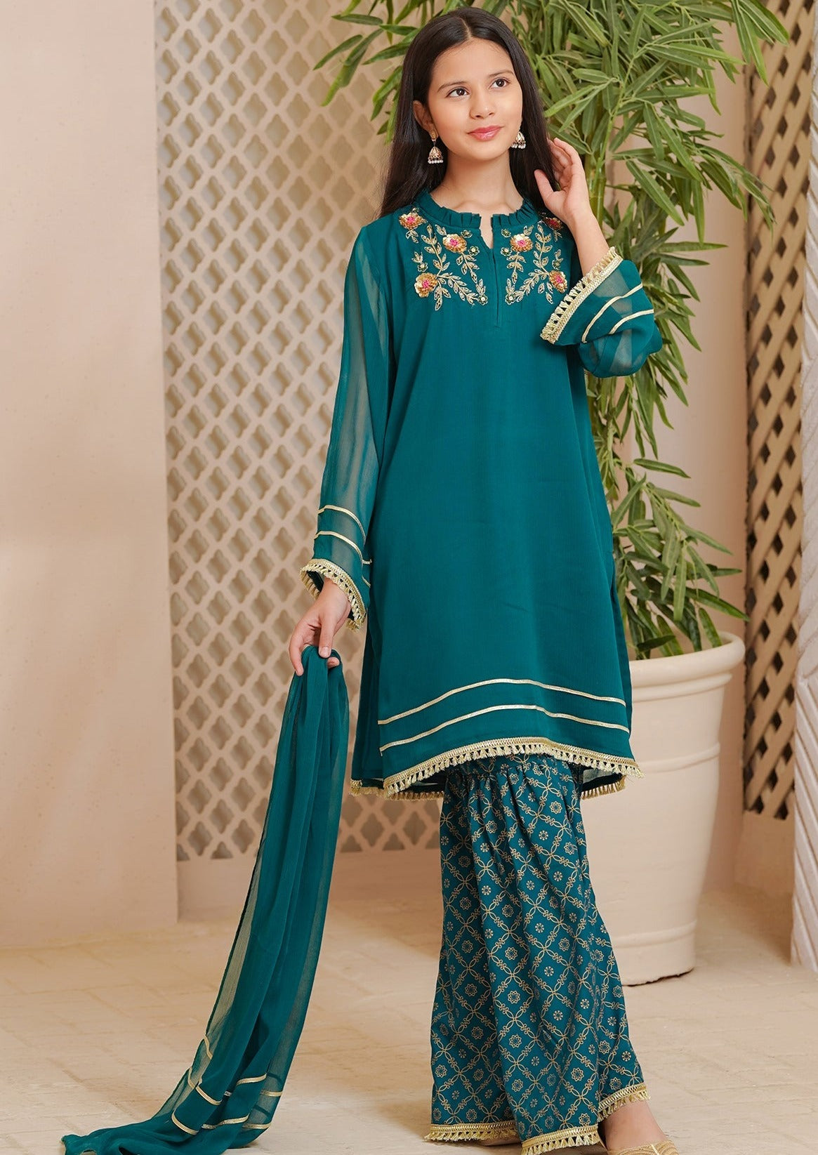 Green - Girl's Gharara Dress