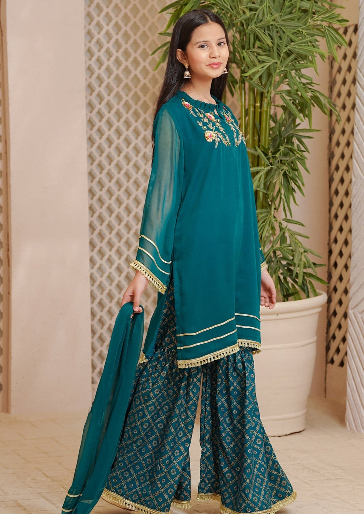 Green - Girl's Gharara Dress