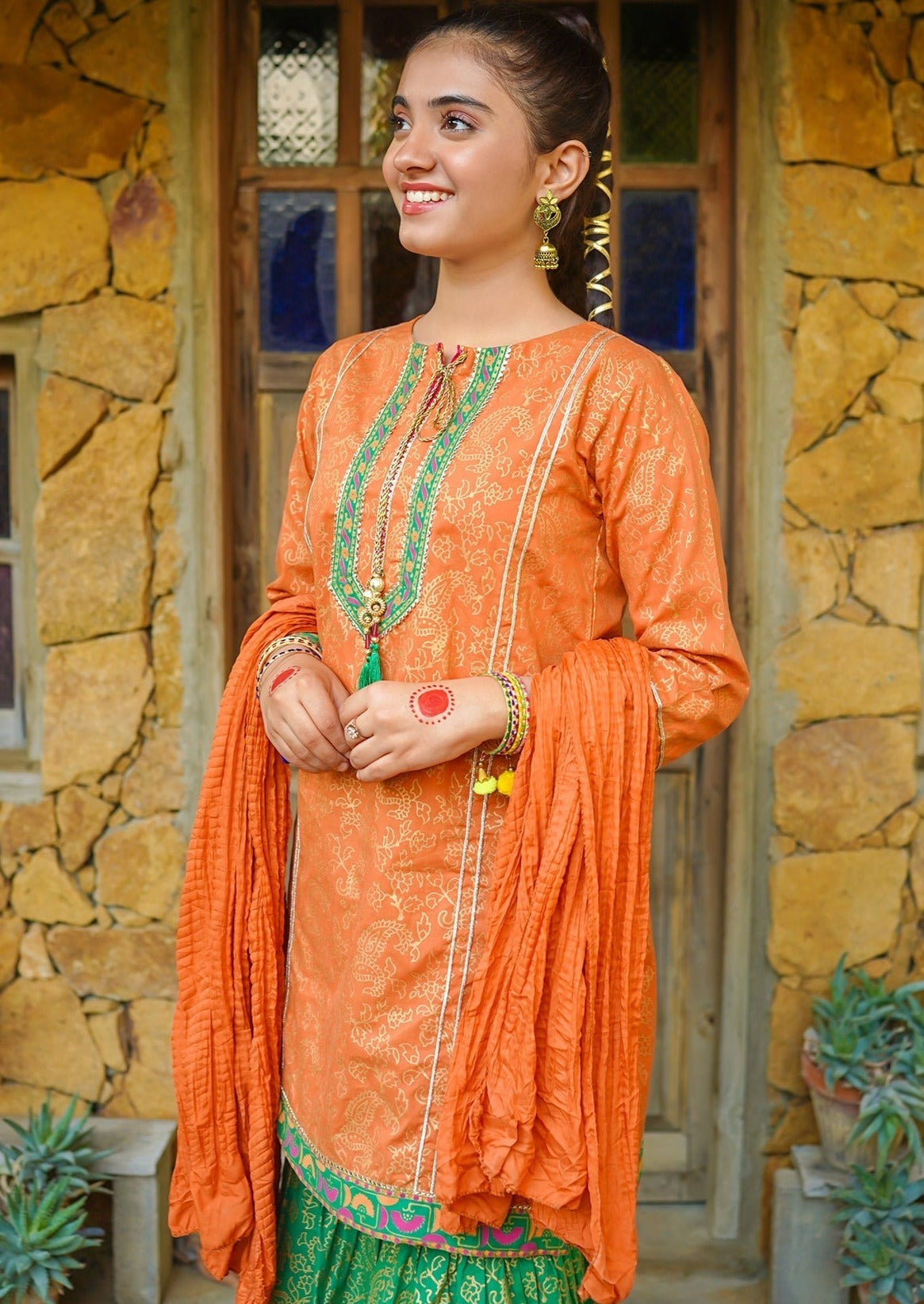 Orange & Green - Girl's Gharara Dress