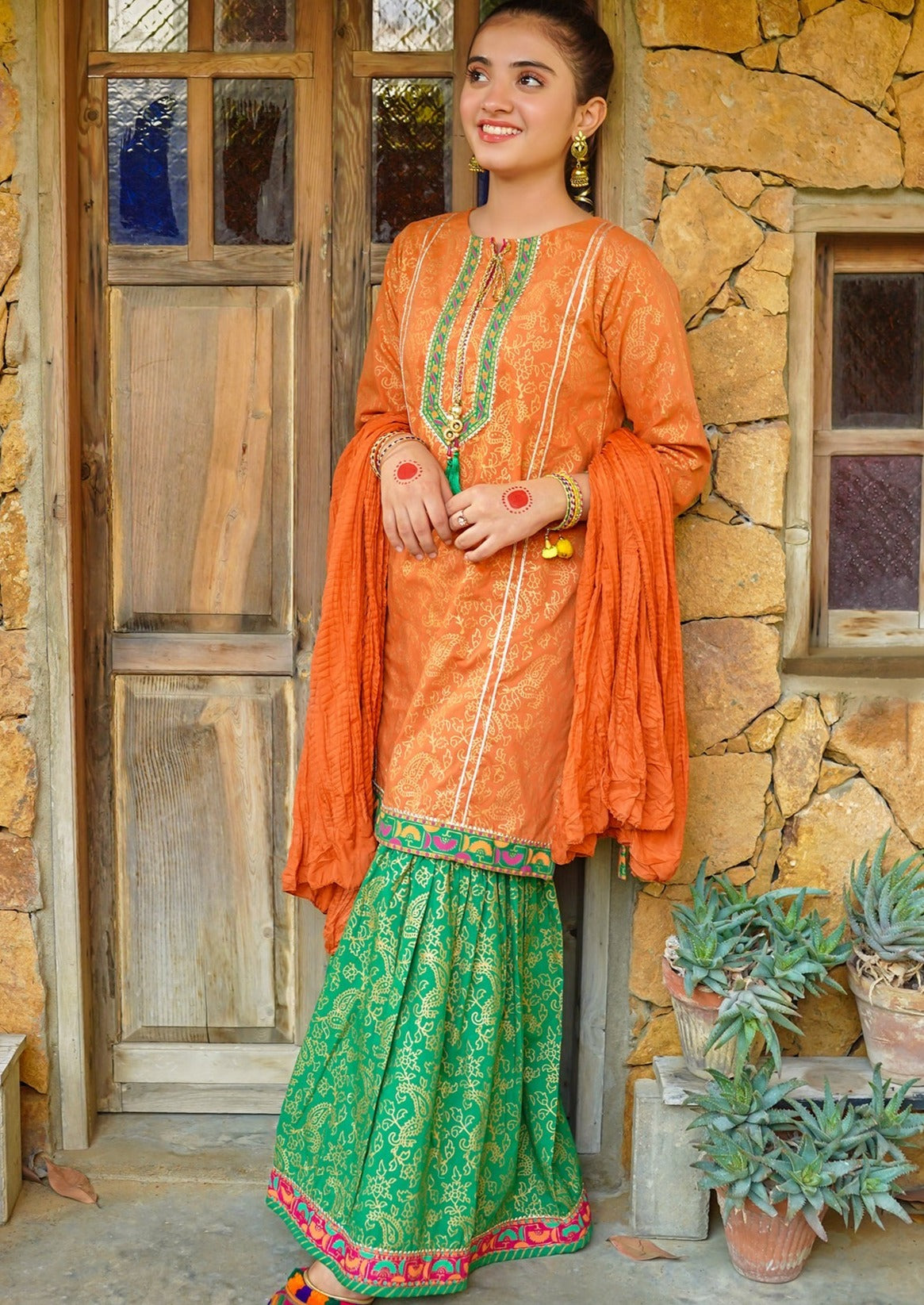 Orange & Green - Girl's Gharara Dress