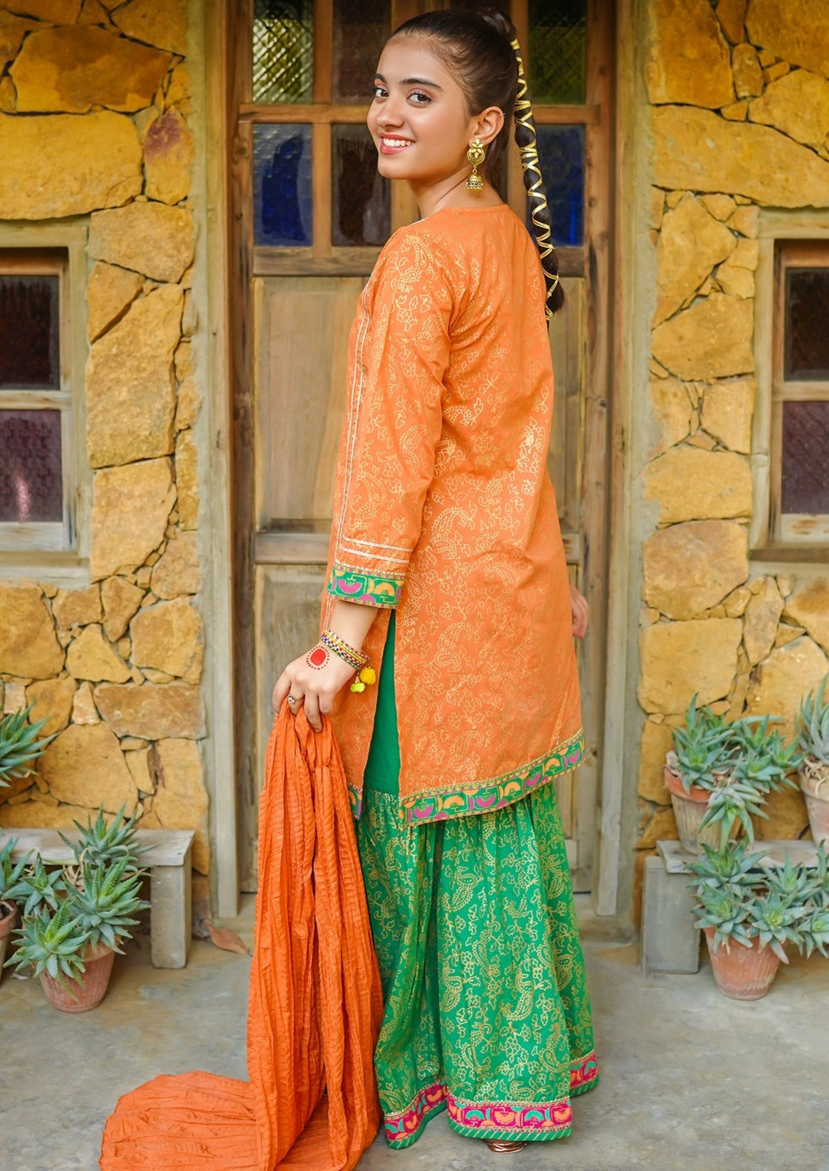 Orange & Green - Girl's Gharara Dress