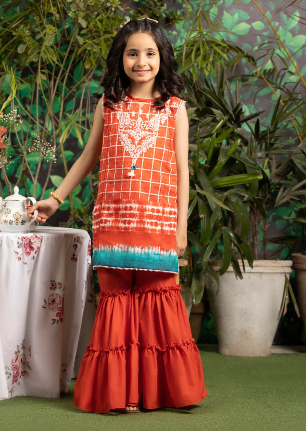 Orange - Girl's Embroidered Gharara