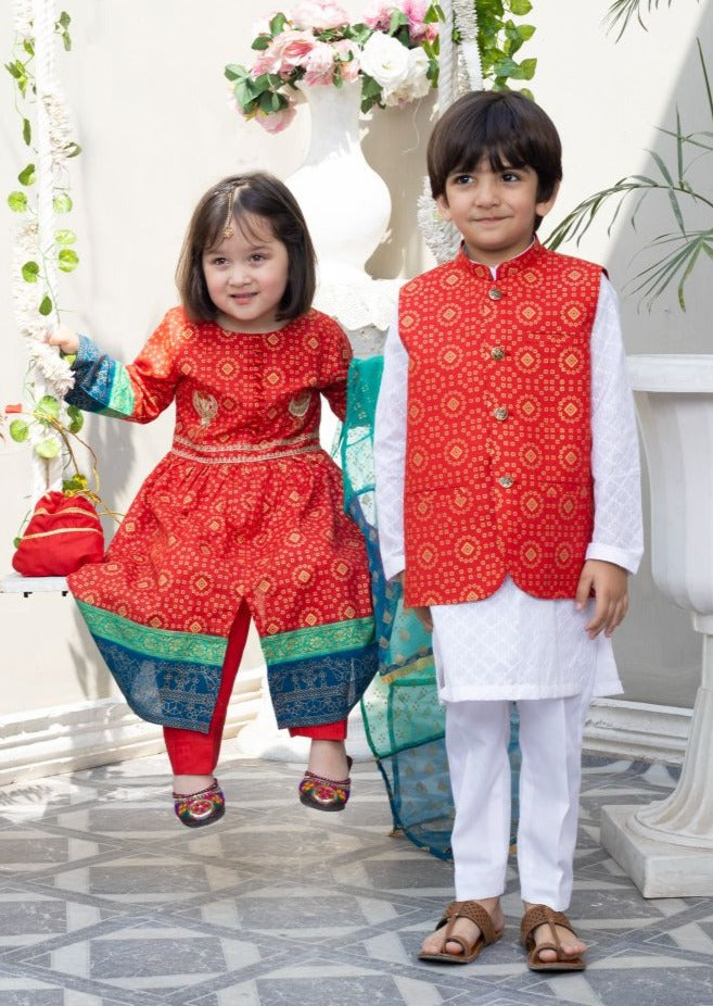 Red -  Boy's Kameez, Shalwar & Waistcoat
