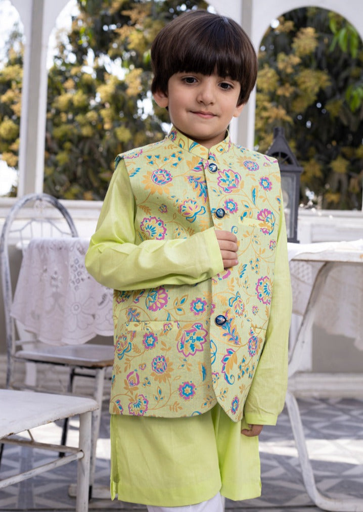 Lemon Green : Boy's Kameez, Shalwar & Waistcoat