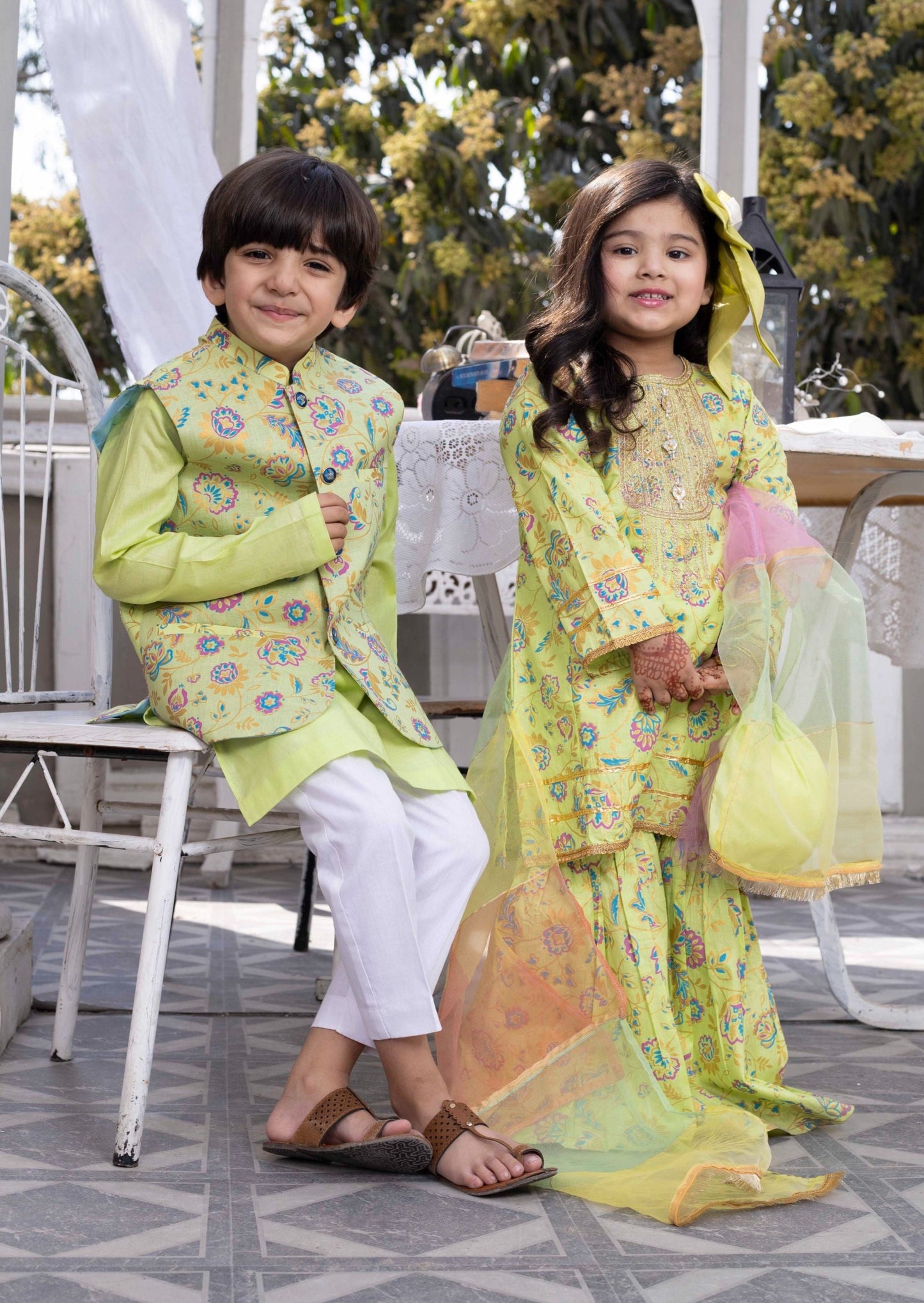 Lemon Green : Boy's Kameez, Shalwar & Waistcoat