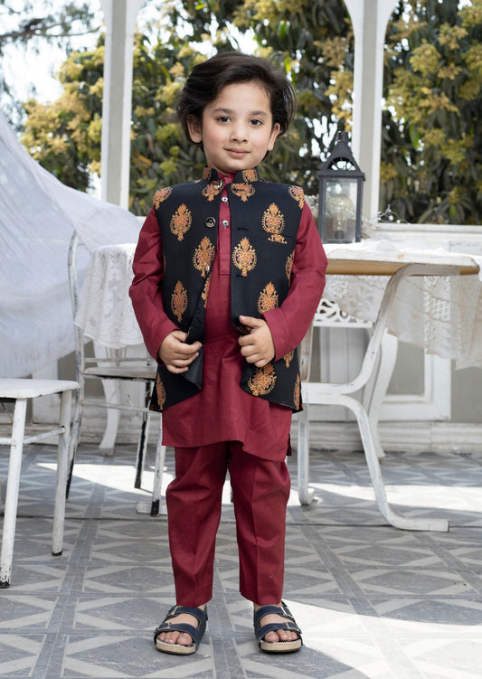 Black & Maroon:  Boy's Kameez, Shalwar & Waistcoat