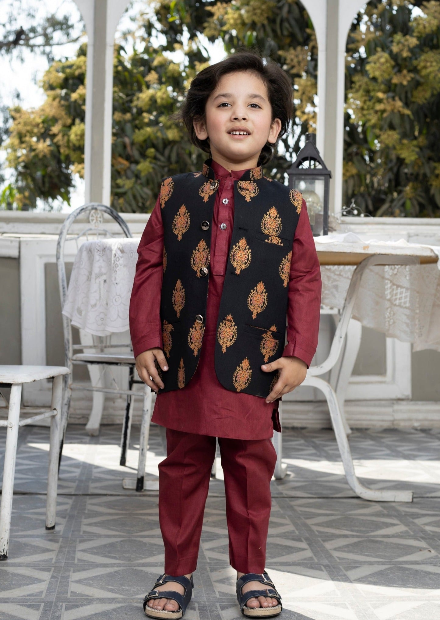 Black & Maroon:  Boy's Kameez, Shalwar & Waistcoat