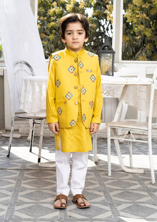 Lemon Yellow -  Boy's Kameez, Shalwar & Waistcoat
