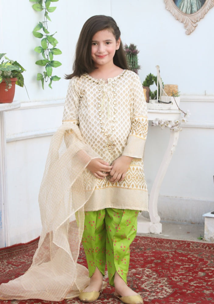 Gold & Parrot Green - Girl's Dress