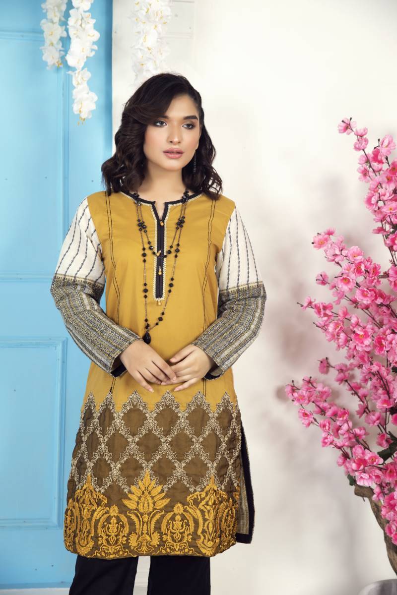 Mustard Embroidered Kurta (Top-only)