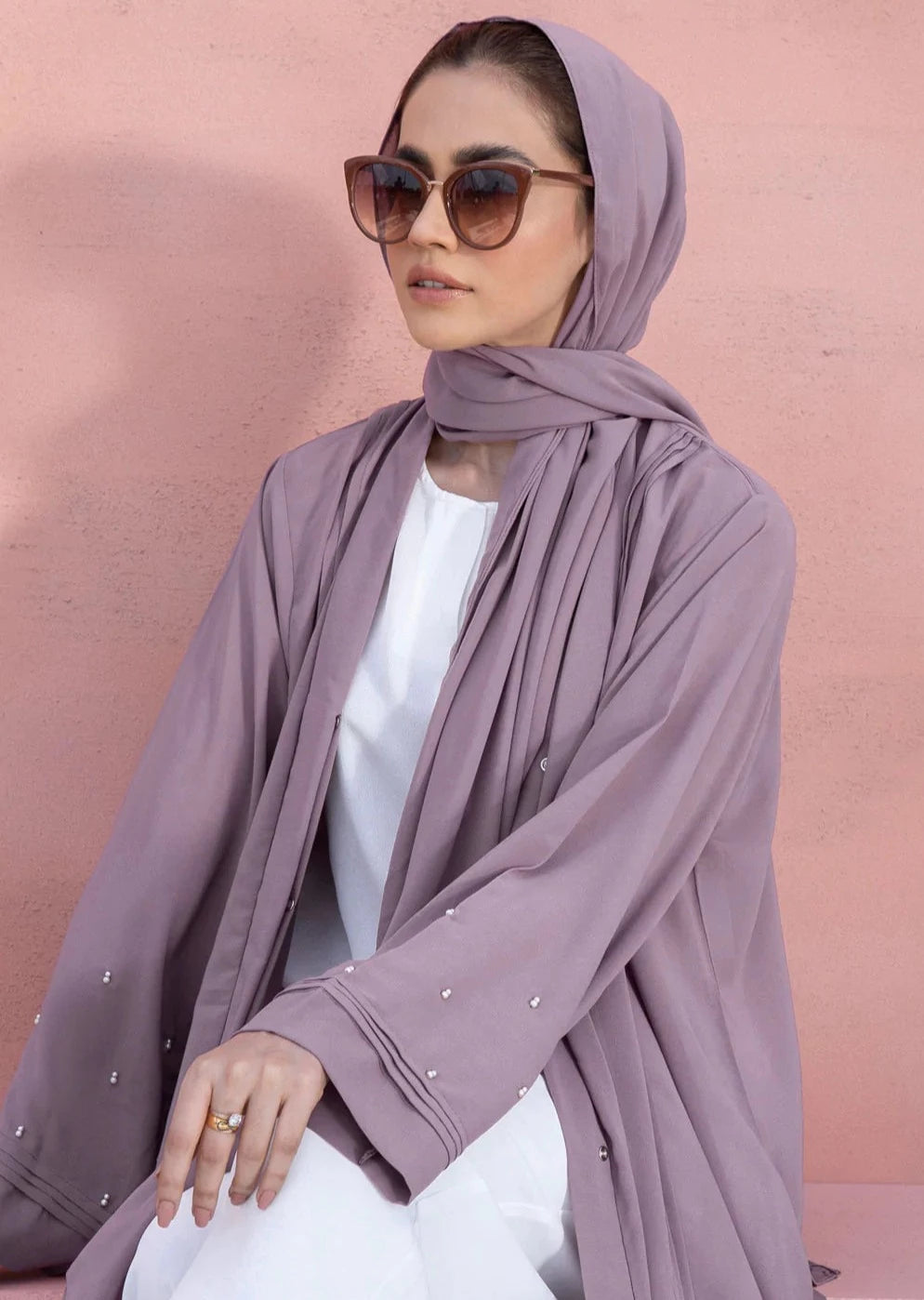 Mauve : Hand Embellished Abaya & Hijab Set