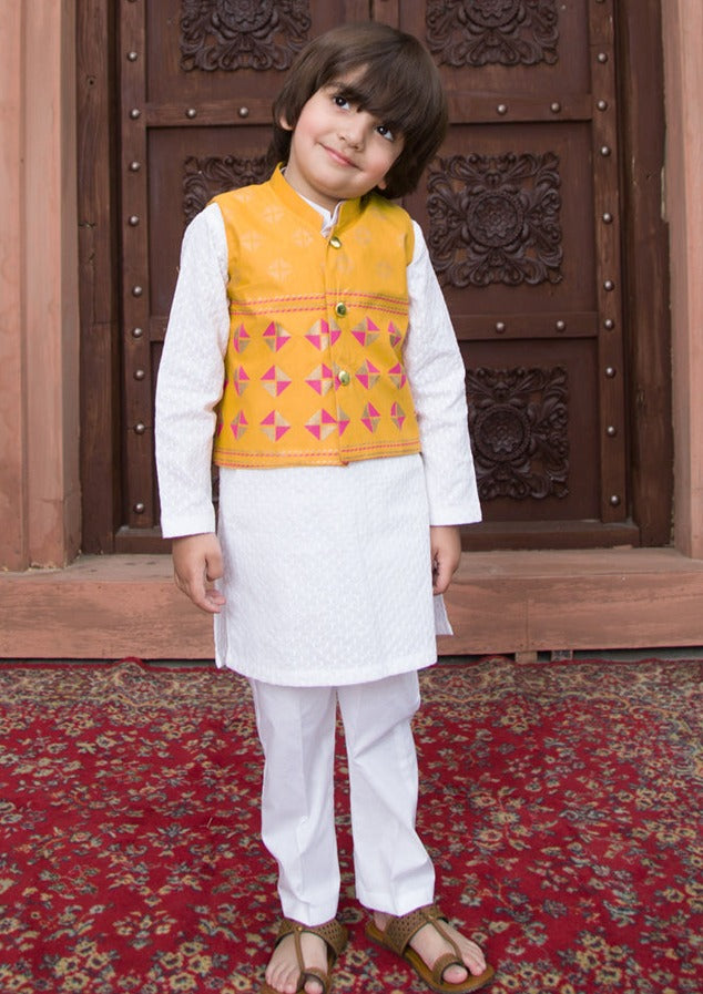 Yellow & White Cotton - 3 Piece Kurta Shalwar