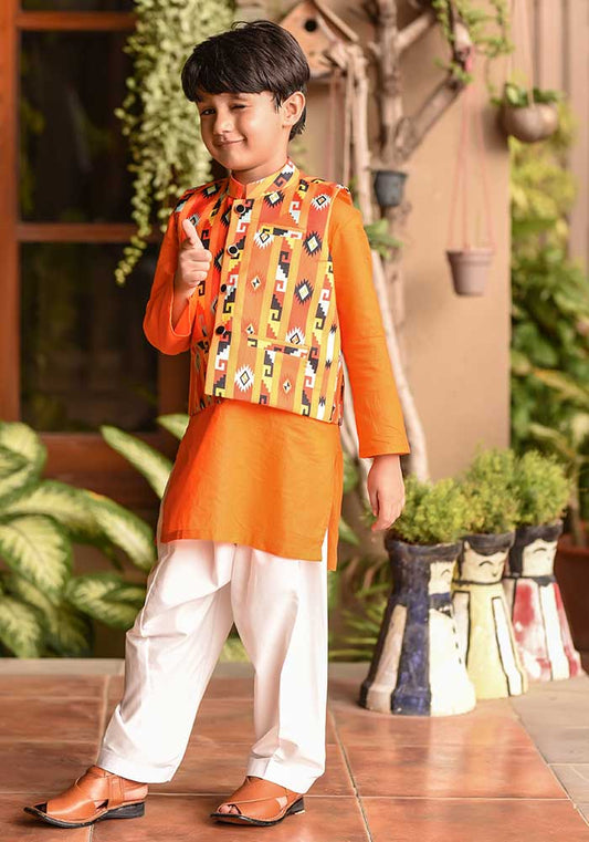 Orange Cotton 3-Piece Kurta Shalwar