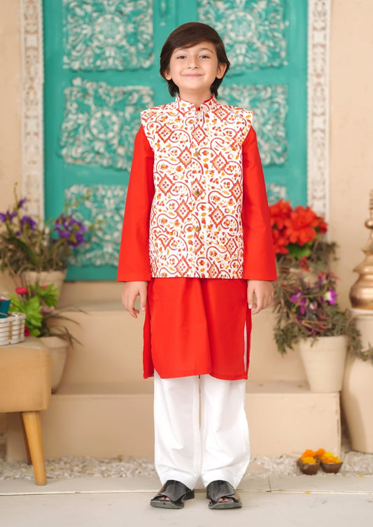 Red Cotton 3-Piece Kurta Shalwar