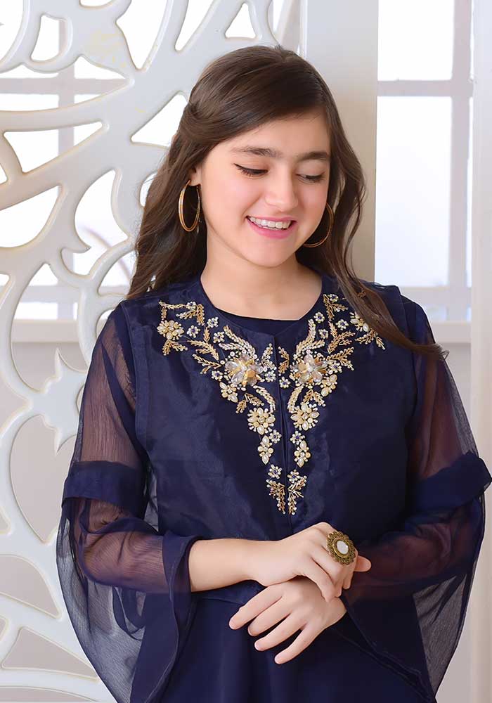 Navy Blue Gharara- 2 Piece Embroidered Suit