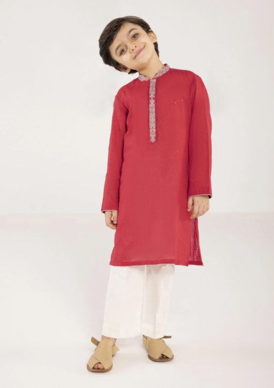 Embroidered Kurta Shalwar : Red & Offwhite