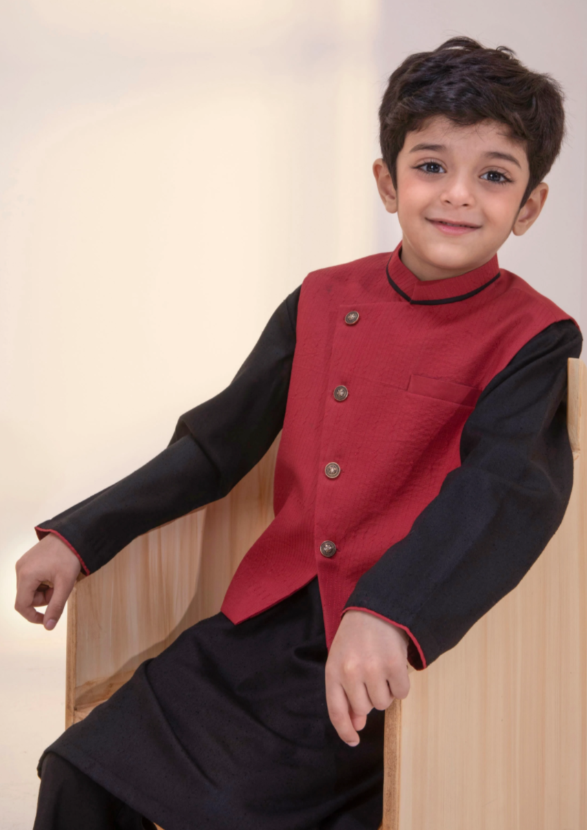 Boys Embroidered Kurta Shalwar and waistcoat :Black