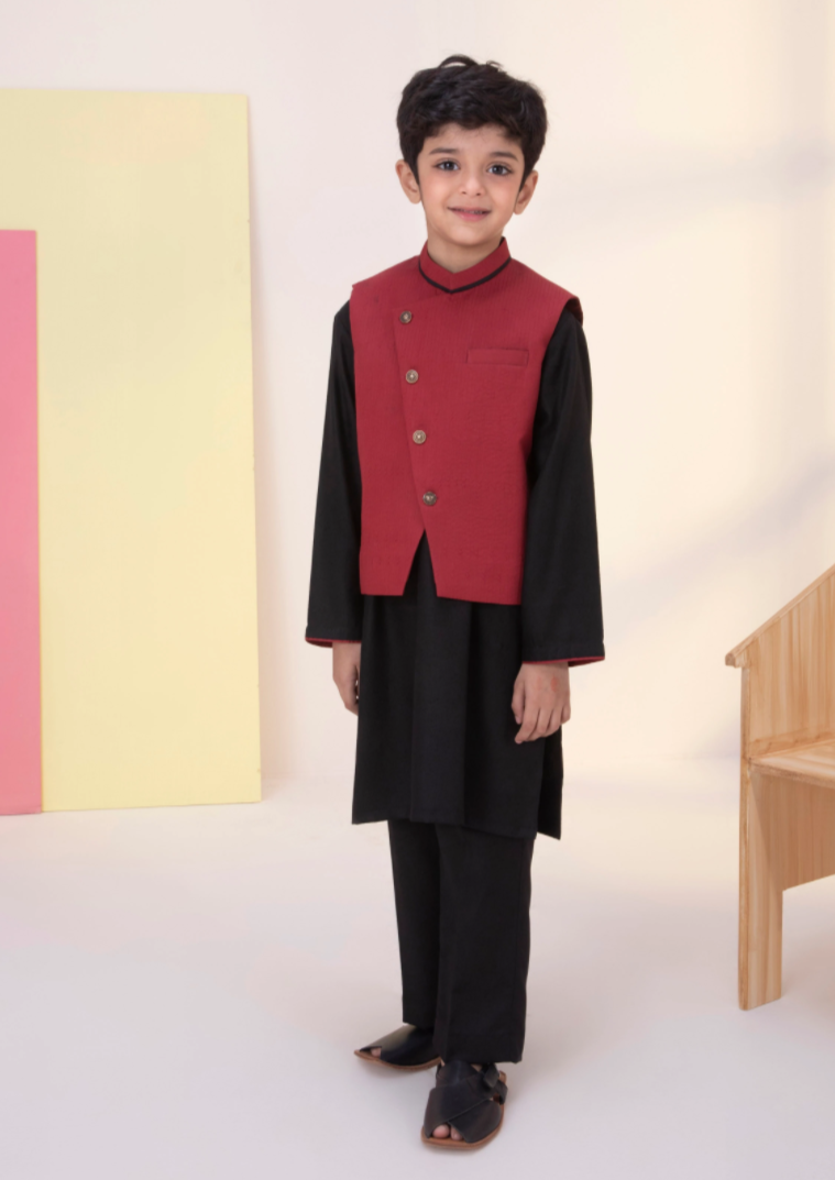 Boys Embroidered Kurta Shalwar and waistcoat :Black