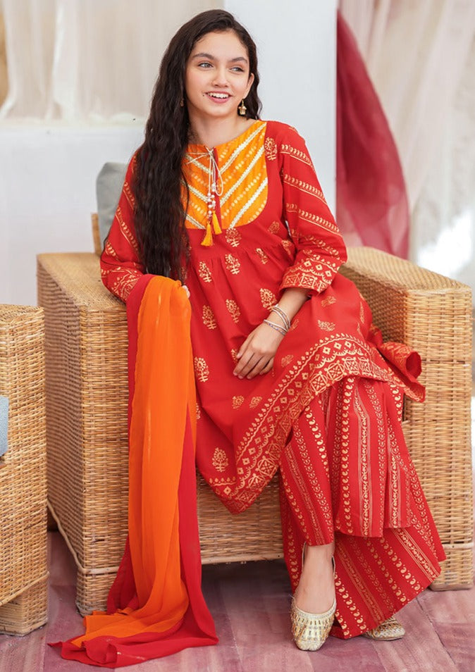 Red & Orange - Girl's Gharara Dress