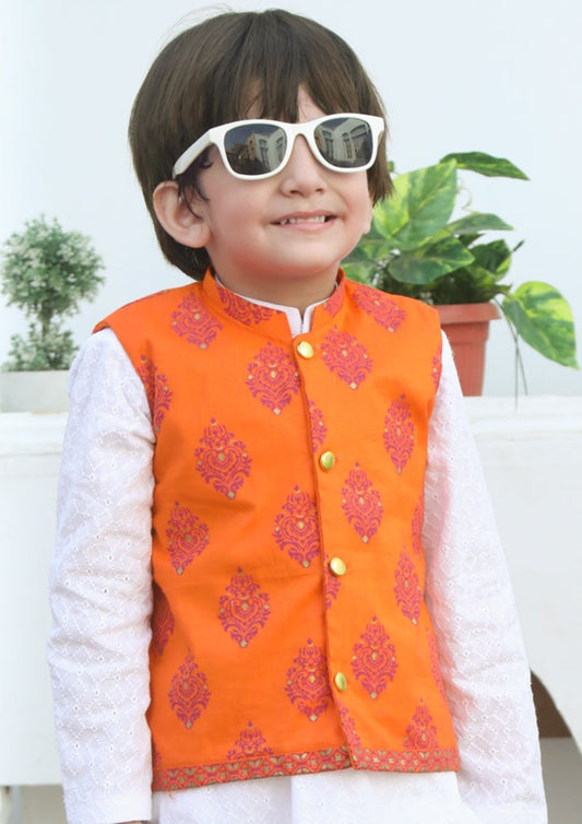 Orange & White -  Boy's Kameez, Shalwar & Waistcoat