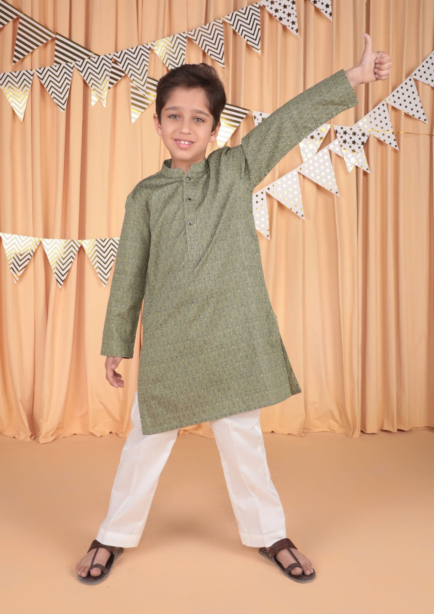 Boy's Embroidered Kurta Shirt Only : Green & Offwhite