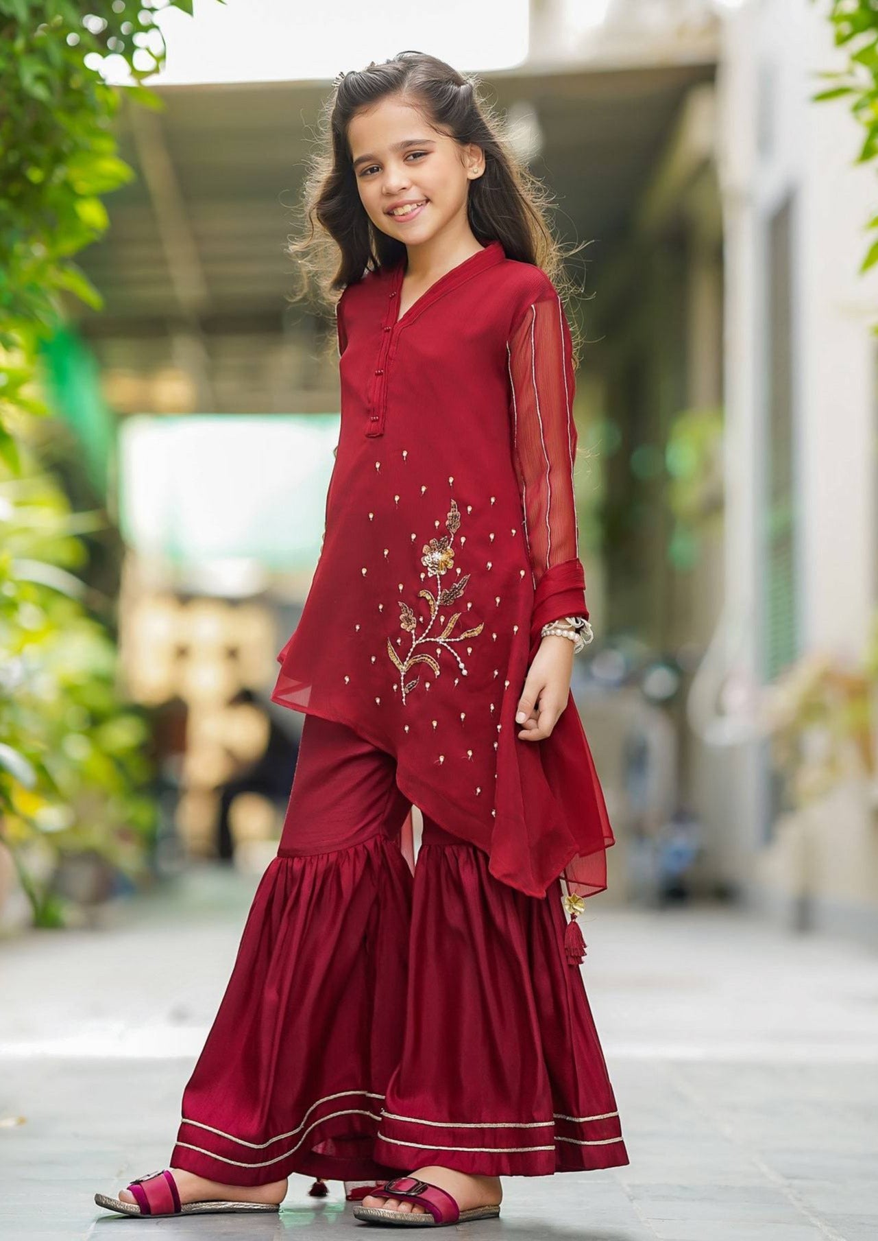 Red - Girl's Gharara Dress