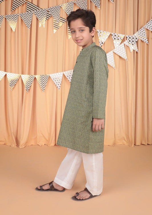 Boy's Embroidered Kurta Shirt Only : Green & Offwhite