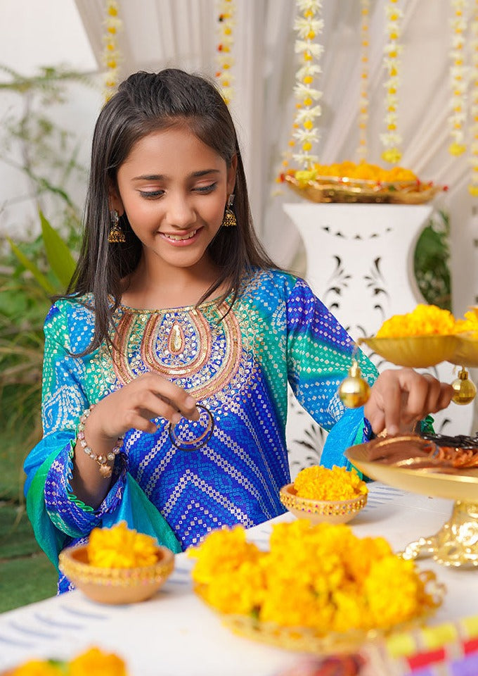 Blue & Emerald Green - Girl's Gharara Dress