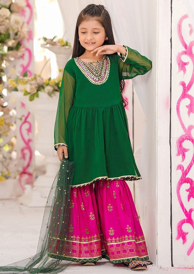 Emerald Green & Magenta - Girl's Gharara Dress