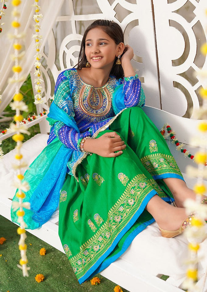 Blue & Emerald Green - Girl's Gharara Dress