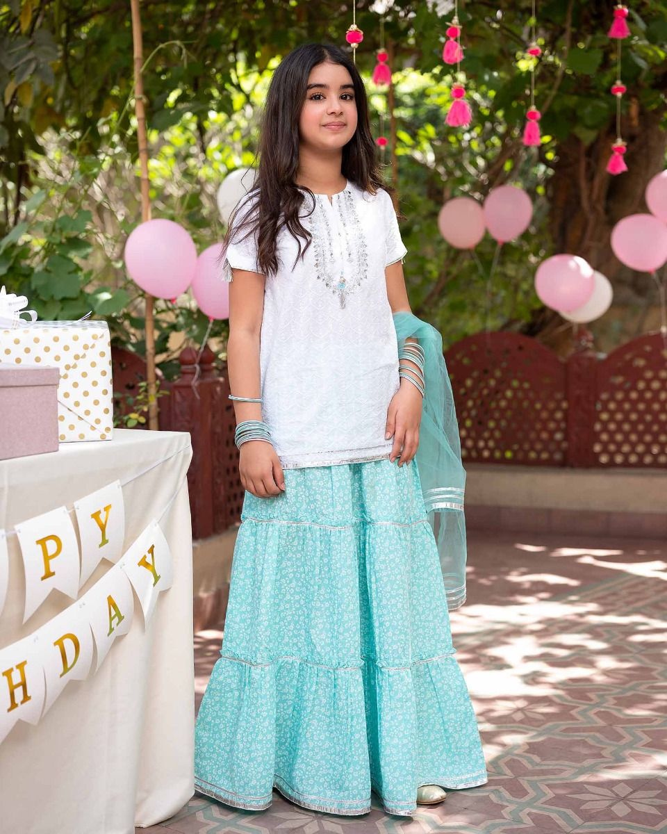 White & Sea Green - Infant Girl's Lehnga Dress