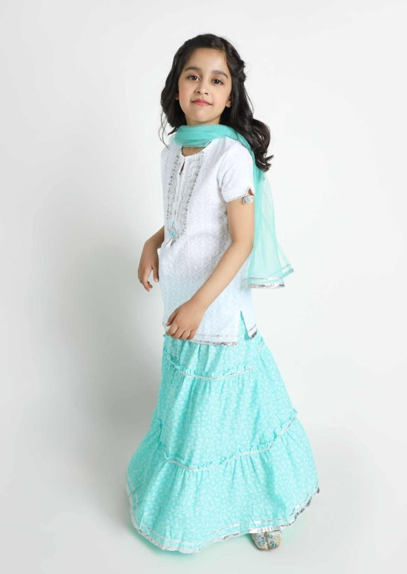 White & Sea Green - Infant Girl's Lehnga Dress